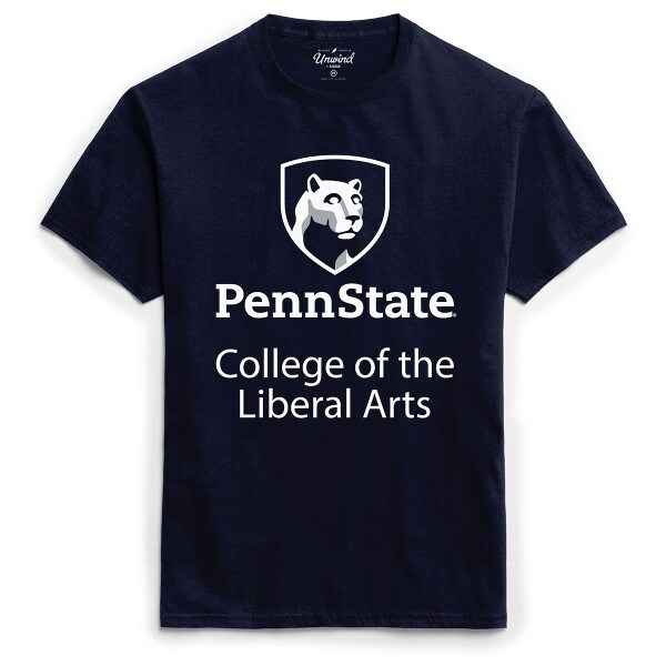 short sleeve navy t-shirt with Penn State College of the Liberal Arts below Lion Shield graphic
